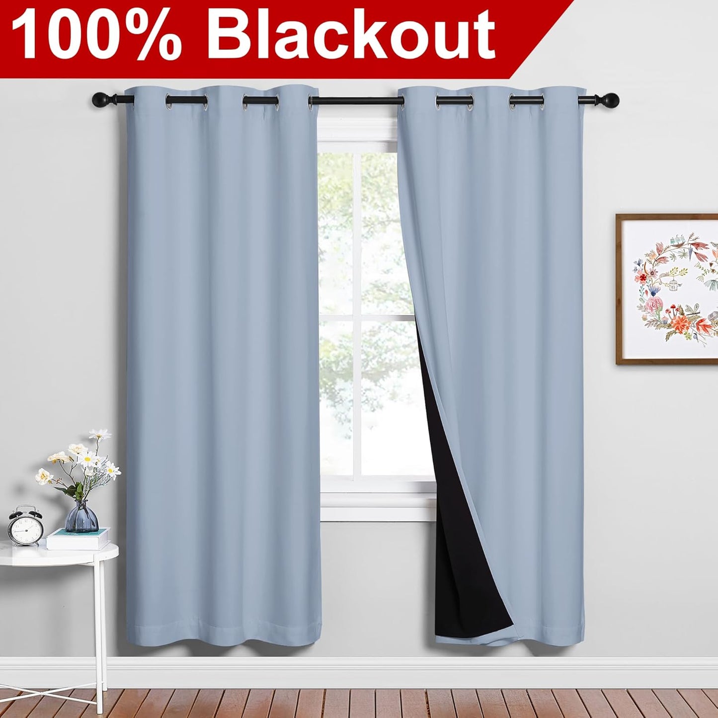 NICETOWN Full Shade Curtain Panels, 37" Wide x 70" Long, Vintage Blue, Pair of Thermal Insulated & Energy Efficiency Blackout Drapes for Living Room, Lined Silky Performance Window Dressing