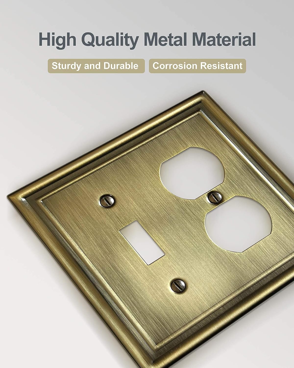 Combination 1 Toggle and 1 Duplex Metal Wall Plate, Decorative Antique Brass Switch Plates and Outlet Covers, Midsize, 2-Gang, 2-Pack, Corrosion Resistant