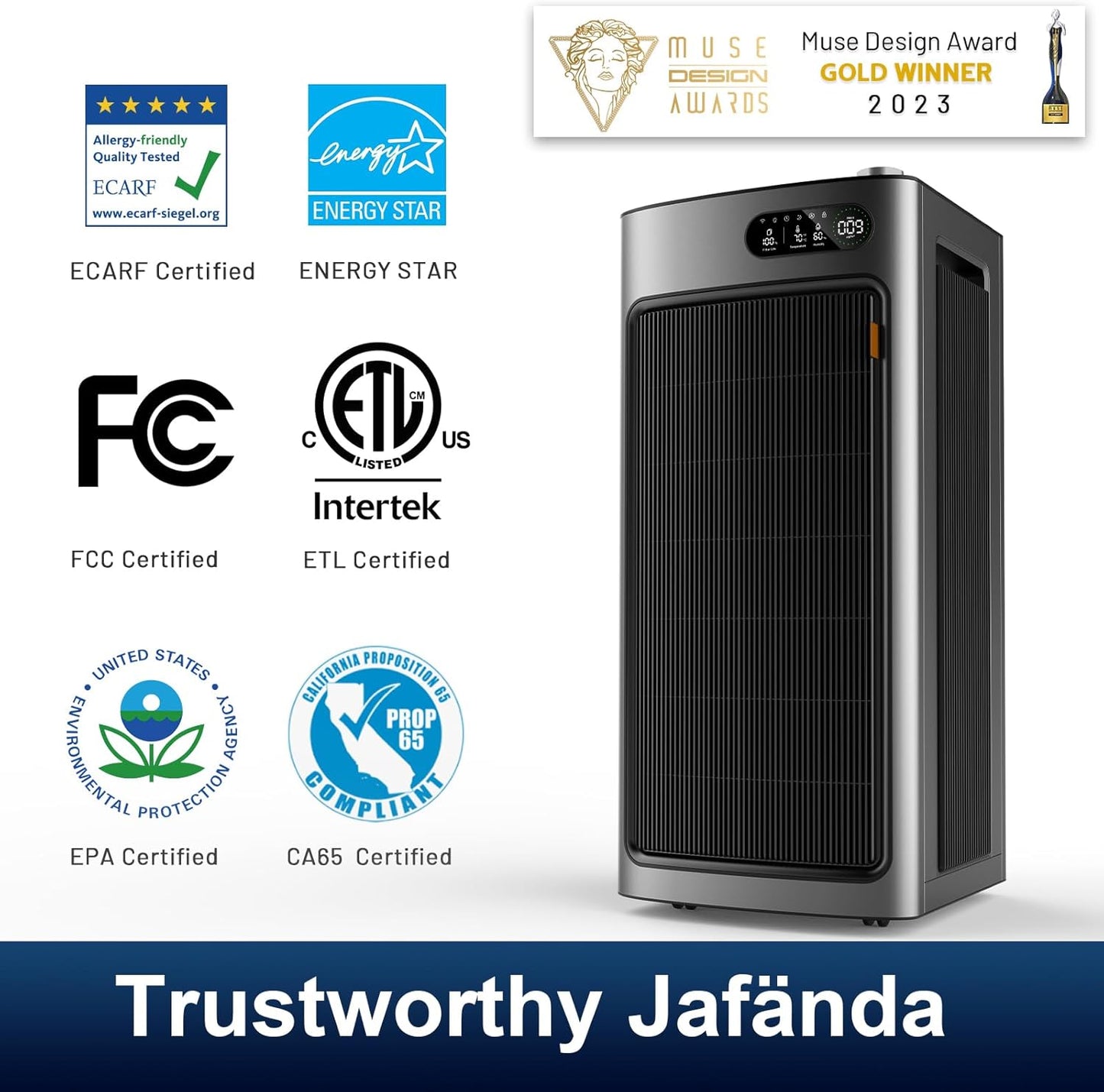 Jafända Air Purifier for Home Office Room Up to 6862 ft², Dual Carbon Air Filter Air Cleaner, Smart Whole House HEPA Air Purifiers Remove 99.97% Dust Pollen Smoke Pet Dander Allergies Mold Odors VOCs