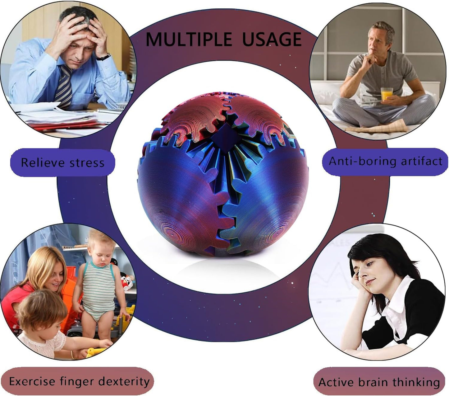 Gear Ball for ADHD 3D Printed Gear Ball Steampunk Whirling Wonder Fidget Toy Gearsphere Gear Ball for Stress and Anxiety Relaxing Fidget Ball Ideal for Sensory Needs and Autism (Laser Yellow Red Blue)