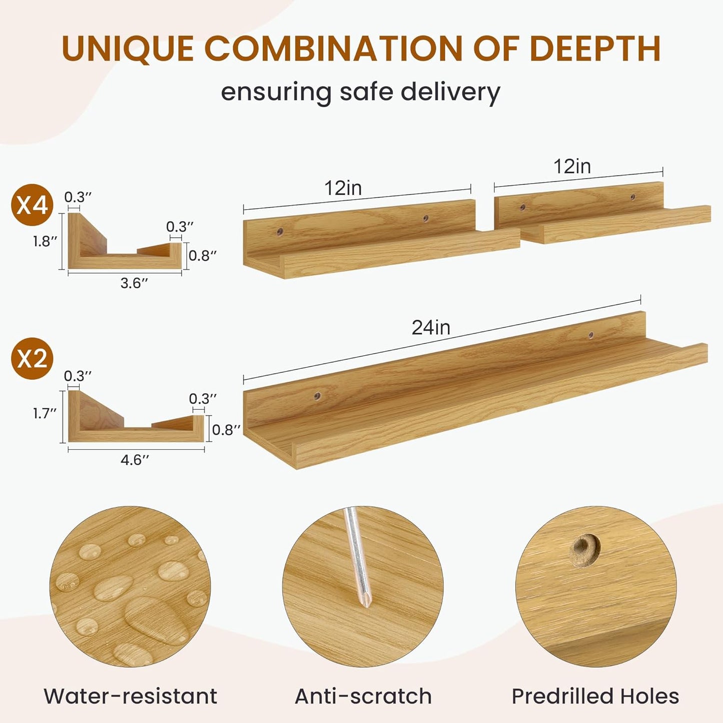 Axeman Picture Ledge Shelf, Floating Shelves for Wall Decor Storage Set of 6, 24 inch Floating Wall Mounted Shelves, Wall Shelves with Lip for Living Room, Bedroom, Nursery, Bathroom, Kitchen, Oak