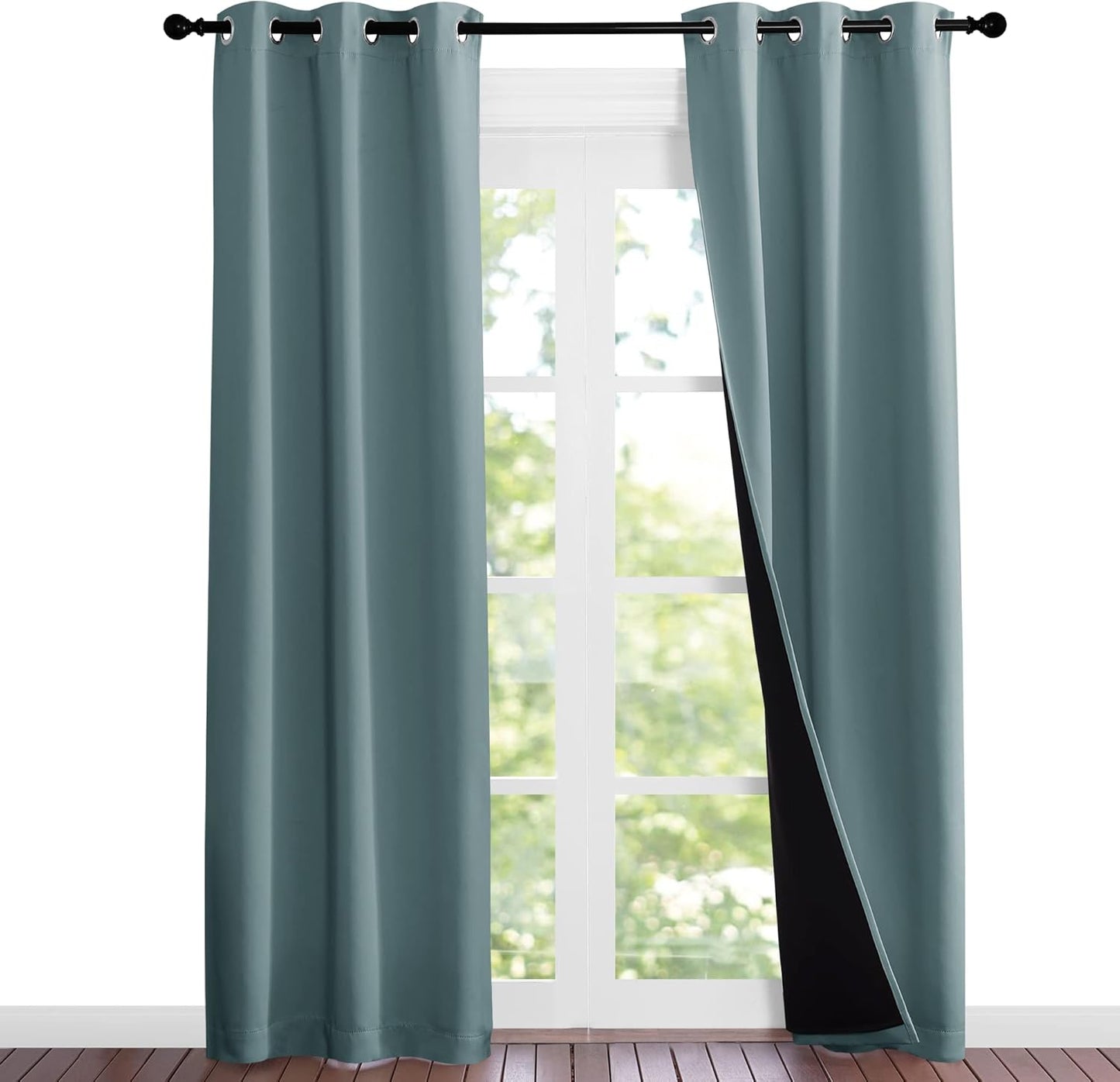 NICETOWN Greyish Blue Blackout Curtains 84 inches Long, Full Light Blocking Drapes with Black Liner for Nursery, Noise Reducing Thermal Insulated Draperies for Doorway (2 Pieces, 37" Wide Each Panel)