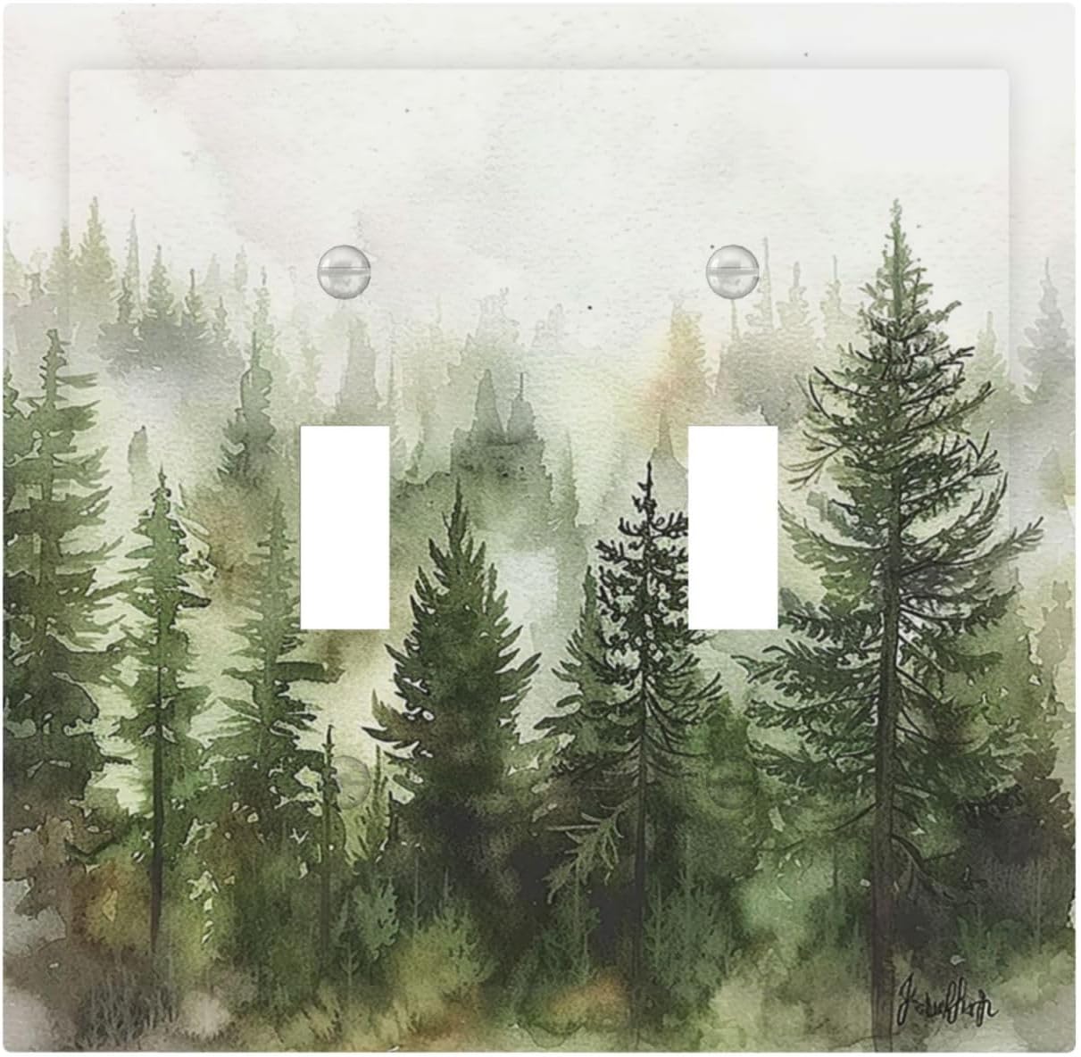 Decorative Switch Plates Green Forest Watercolor Painting Foggy Pine 2 Gang Double Toggle Outlet Light Switch Cover Wall Plate Electrical Faceplate for Bedroom living Room Decor