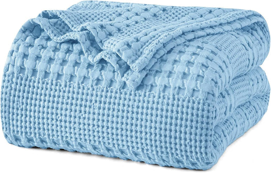 PHF 100% Cotton Waffle Weave Blanket Queen Size, Soft Lightweight Breathable Cozy Summer Blankets for Bed, Luxury Aesthetic Woven Bedding for Home Decor, 90"x90", Sky Blue