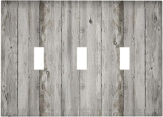 Decorative Switch Plates Farmhouse Rustic Grey Barn Door Wood 3 Gang Wall Plate Triple Toggle Light Switch Cover Faceplate Electrical Wall Panels for Bedroom Cabin Decor