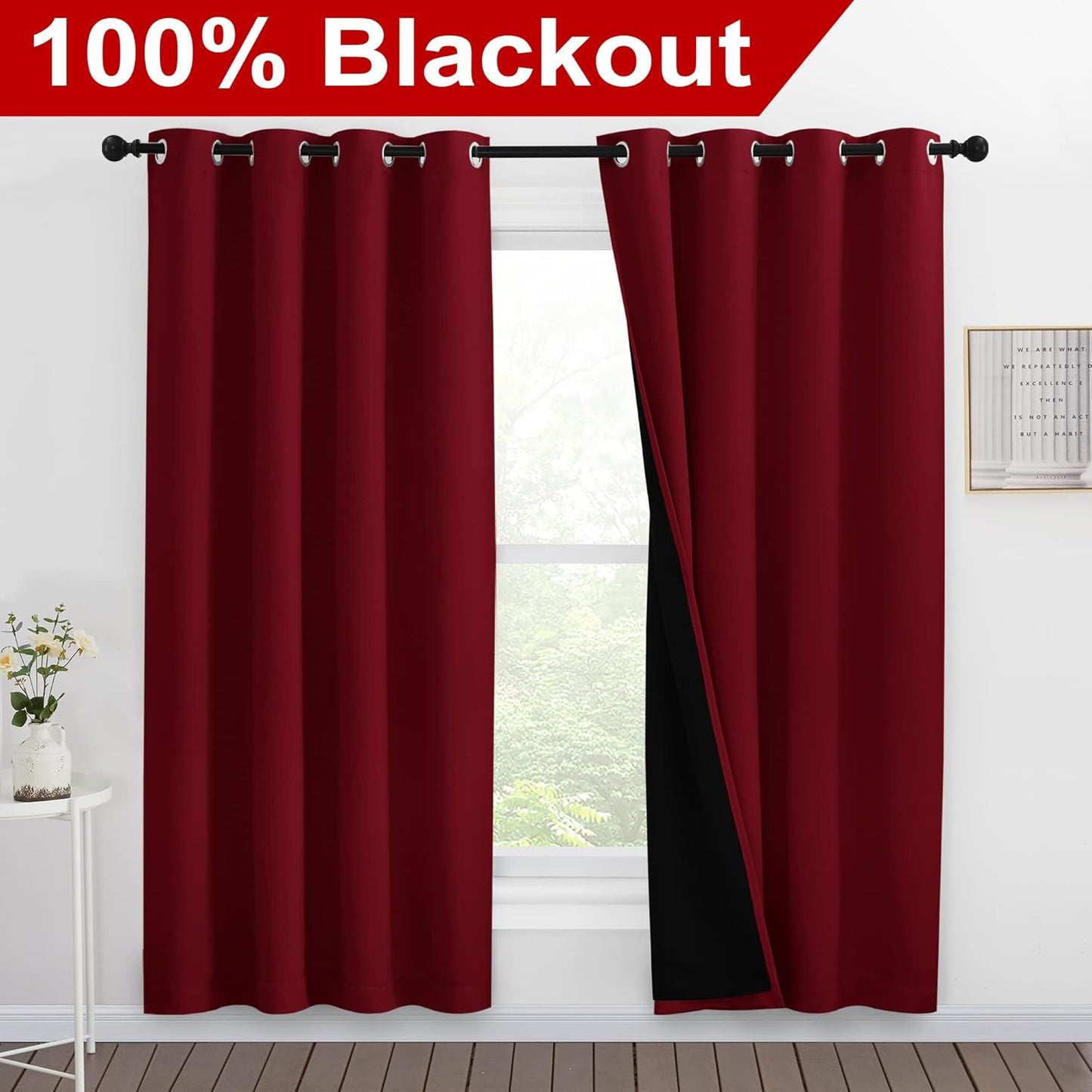 NICETOWN Living Room Completely Shaded Draperies, Privacy Protection & Noise Reducing Ring Top Drapes, Black Lined Insulated Window Treatment Curtain Panels(Burgundy Red, 2 Pieces, W55 x L78)