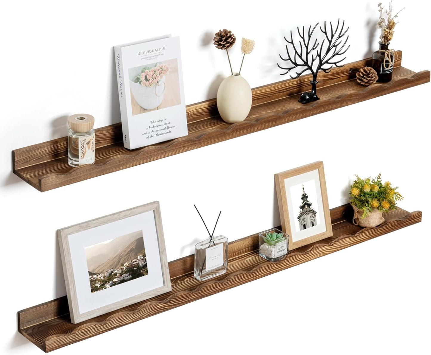 Fun Memories Picture Ledge Shelf for Wall, 48 inch Pine Wood Nursery Book Shelves Set of 2- Wall Book Shelves for Kids Room, Home Decor - Kitchen Spice-Carbonized