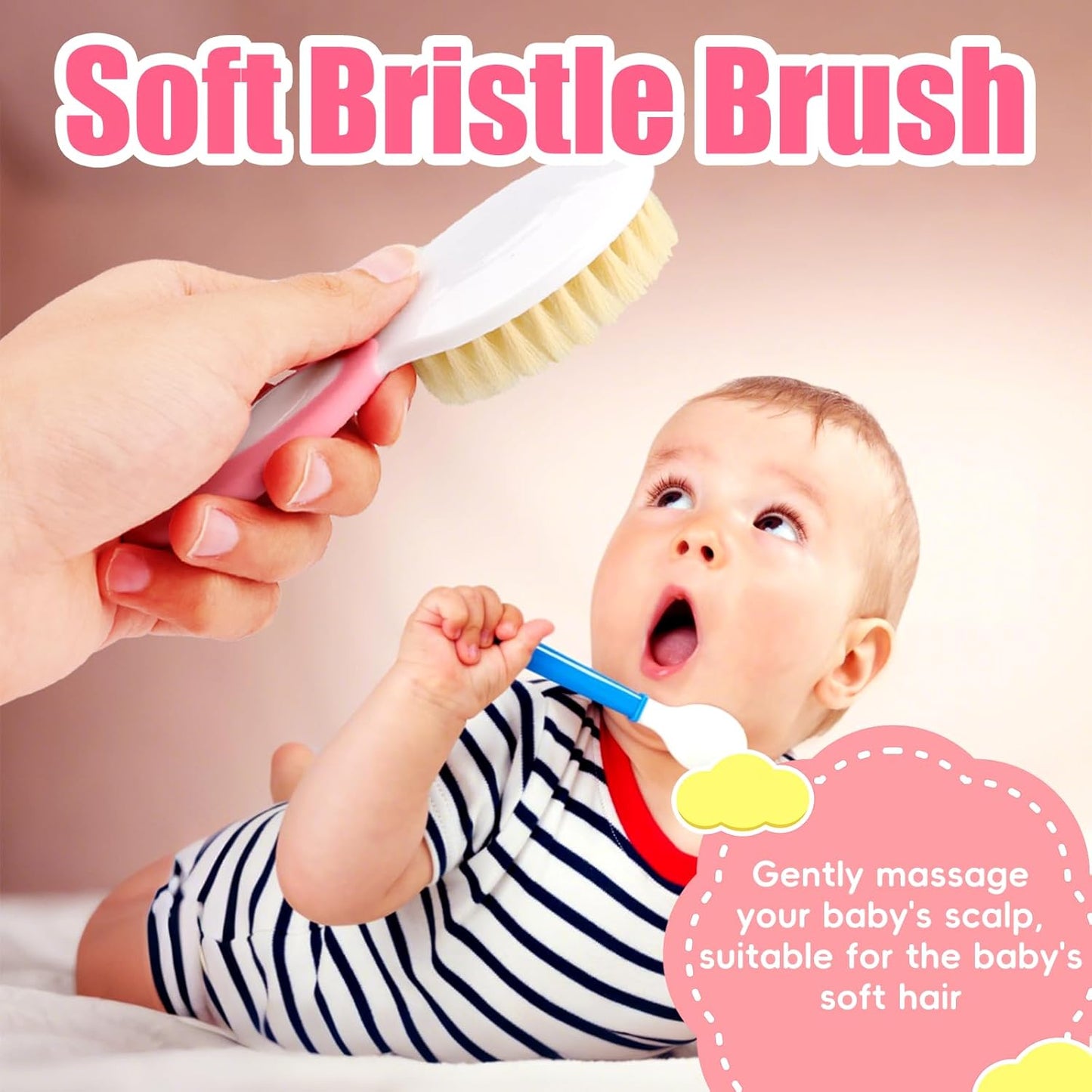 Baby Hair Brush and Comb Set, 4Pcs Baby Soft Bristles Brush Cradle Cap Brush Hair Comb for Newborns Toddlers Boys Girls (Pink)