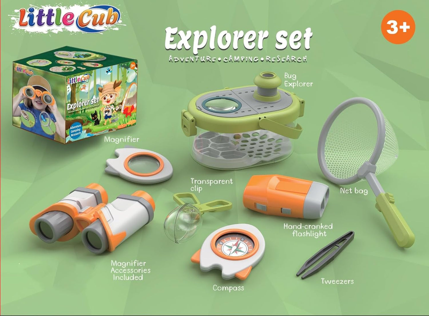 LittleCub Bug Hunting Kits for Children - 10 Pcs Bug Catcher for Kids, Kids Insect Explorer kit, Educational Toys Includes an Observation Box, Magnifier, Compass, Tweezers, Flashlight, and Net Bag