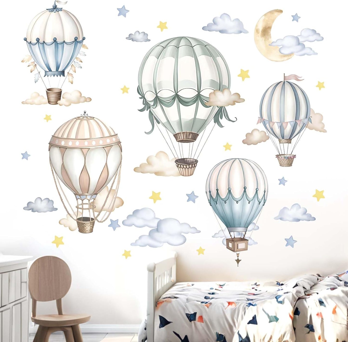 Baby Balloon Wall Stickers for Nursery: Kids Boys Girls Bedroom Wall Decals - Hot Air Balloon Stars Cloud