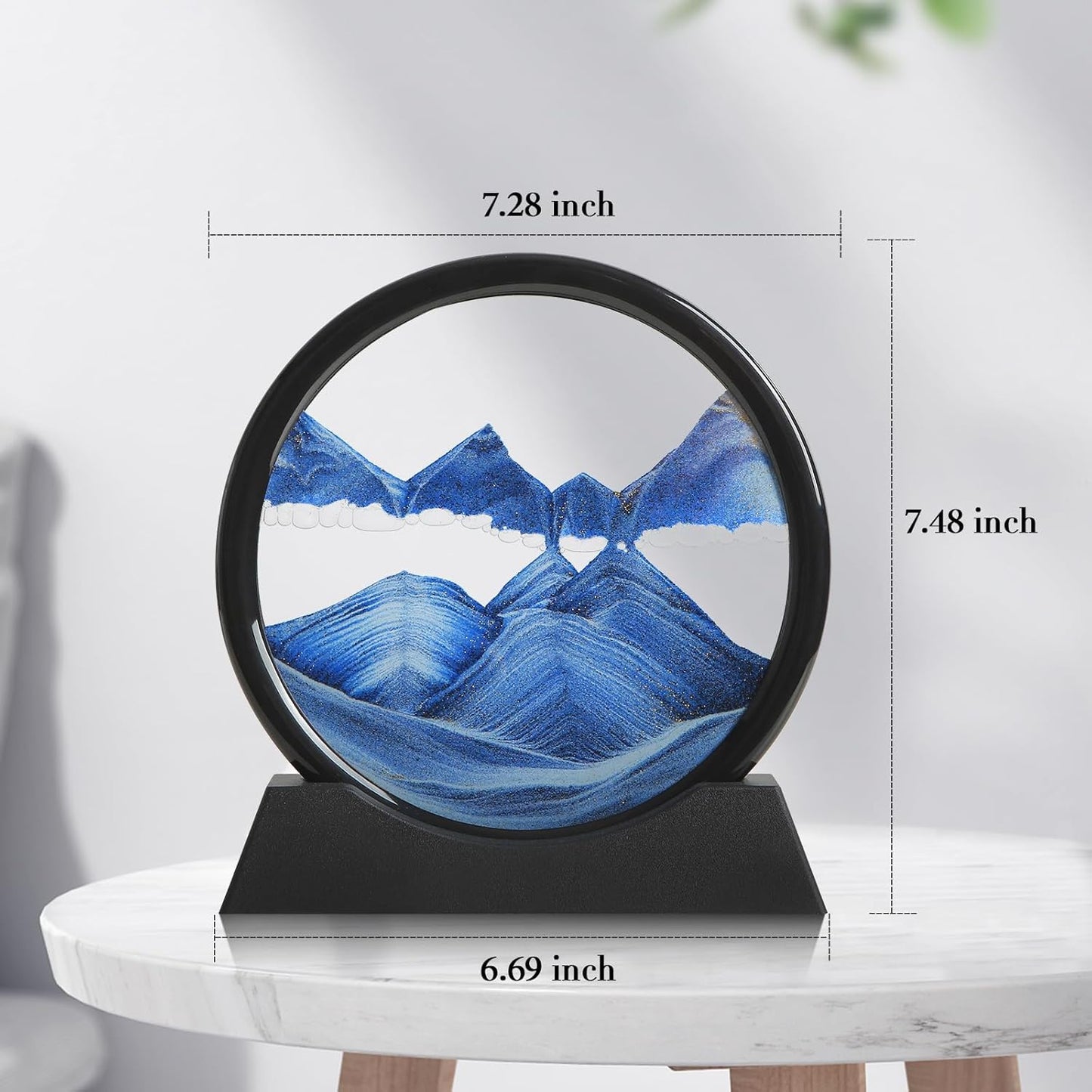 KPNUWN Moving Sand Art Liquid Motion, 3D Deep Sea Sandscape Color Quicksand Decor, Round Glass Moving Sand Art Picture Relaxing Desktop Home Office Work Decor (7 inch-Blue)