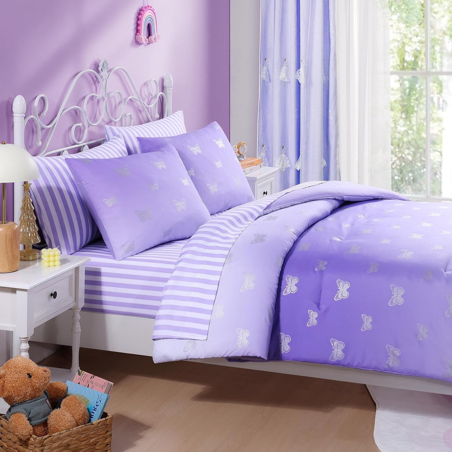 Full Size Comforter Sets with Sheets for Girls-7 Pieces Full Size Bedding Sets with Purple Comforter, Sheets, Pillowcases & Shams for Kids (Purple Butterfly, 76" X 86")