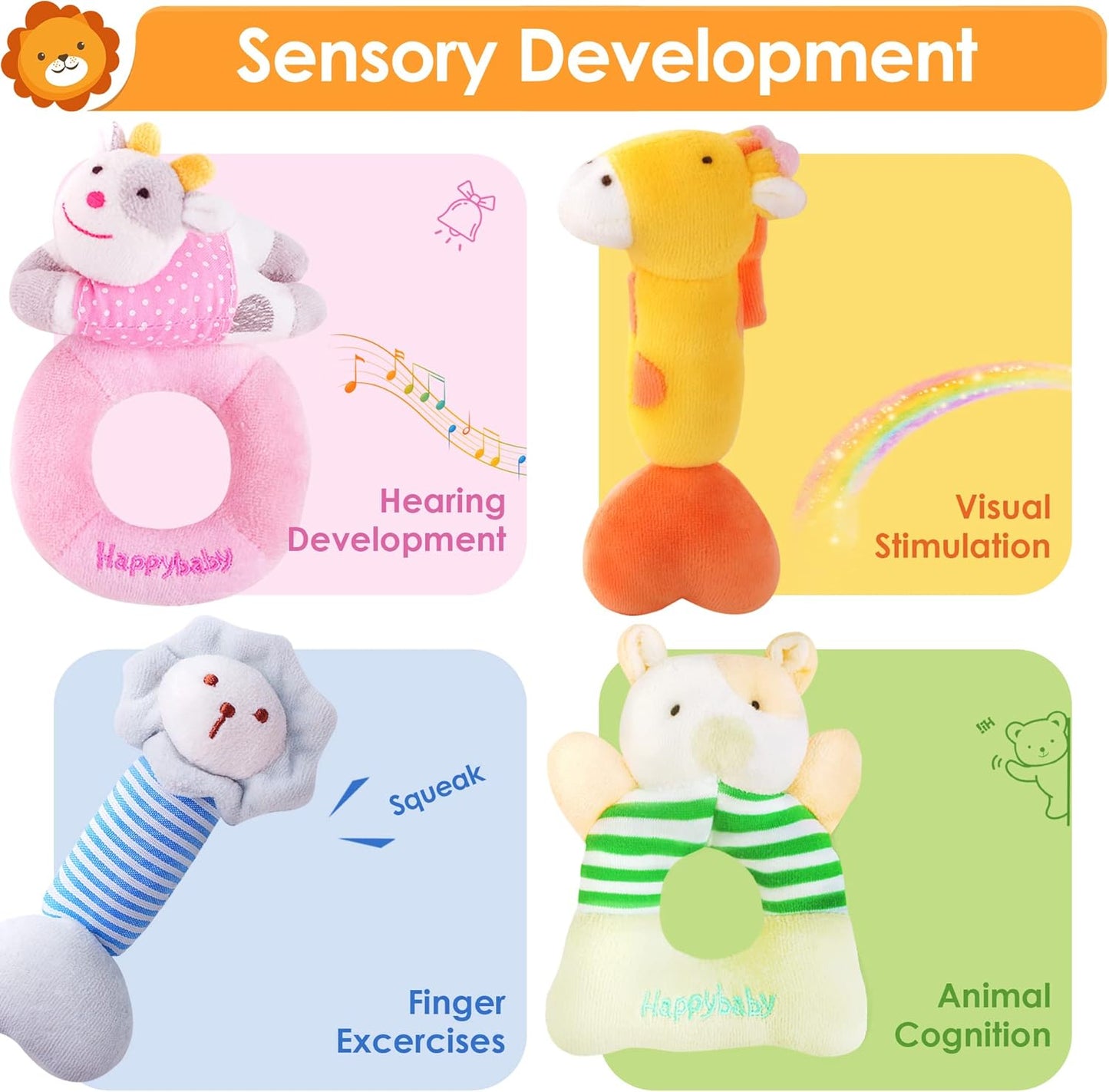 iPlay, iLearn Baby Toys 3 6 12 Month Newborn Gift, Infant Soft Jungle Stuffed Animal Rattle Plush Barn, First Birthday Basket Shower Stuffer, Boy Girl Sensory Hand Development Toy 2 4 7 9M 1 Yr-Jungle