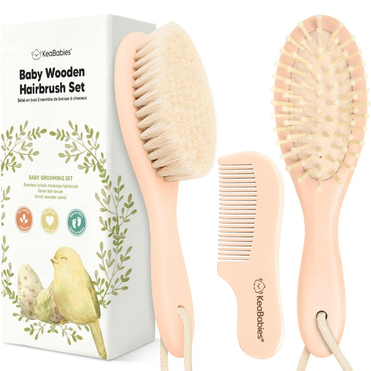 Baby Hair Brush and Comb Set for Newborn - Wooden Baby Hair Brush Set with Soft Goat Bristle, Baby Brush Set for Newborns, Baby Brush and Comb Set Girl, Boy, Toddler Cradle Cap Brush (Oval, Peach)