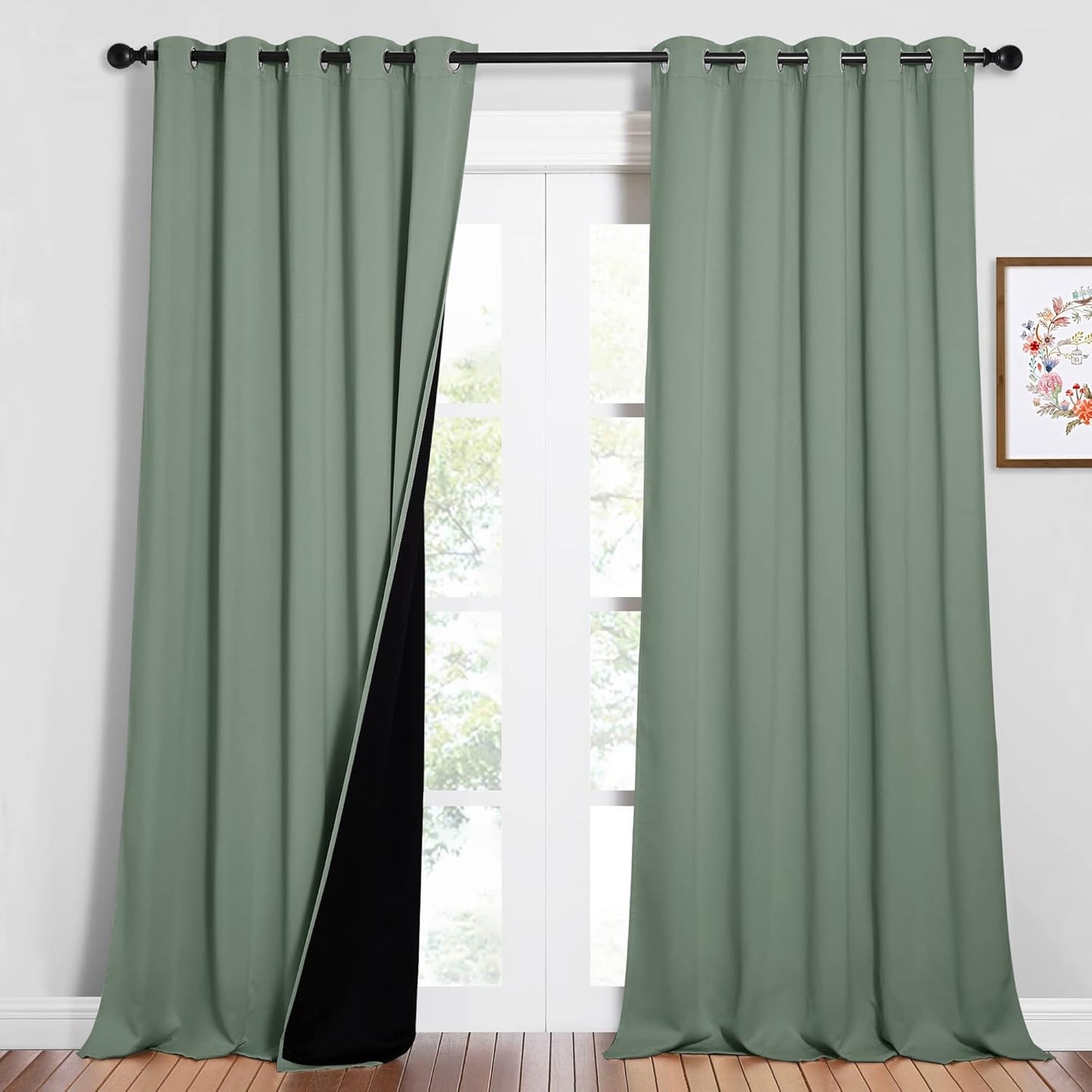 NICETOWN Full Shading Curtains for Windows, Super Heavy-Duty Black Lined Blackout Curtains for Bedroom, Privacy Assured Window Treatment (Greyish Green, Pack of 2, 62 inches W x 95 inches L)