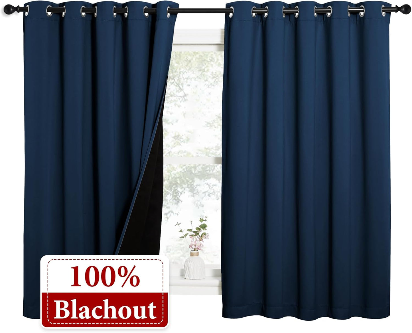 NICETOWN 100% Blackout Curtains with Black Liners, Thermal Insulated Full Blackout 2-Layer Lined Drapes, Energy Efficiency Window Draperies for Bedroom (Moroccan Blue, 2 Panels, 62" W by 63" L)