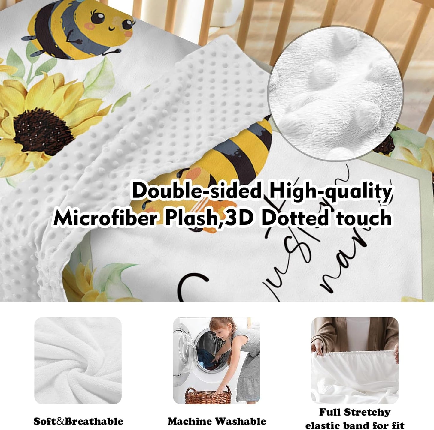 Personalized Baby Crib Bedding Set for Baby Girls, Yellow Bee Pattern Custom Name Baby Crib Sets 5-Pcs, Toddler Double Layer Blanket Fitted Sheets Changing Pad Cover Rug Wall Art Set