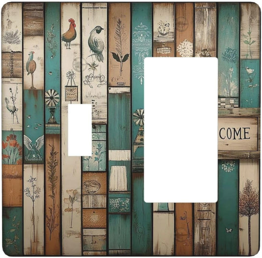 Outlet Covers Vintage Wood Brown Turquoise Splicing 1 Toggle 1 Rocker Combination Decorative Wall Plate Electrical Switch Plates Light Switch Cover Plate For Farmhouse Cabin Decor
