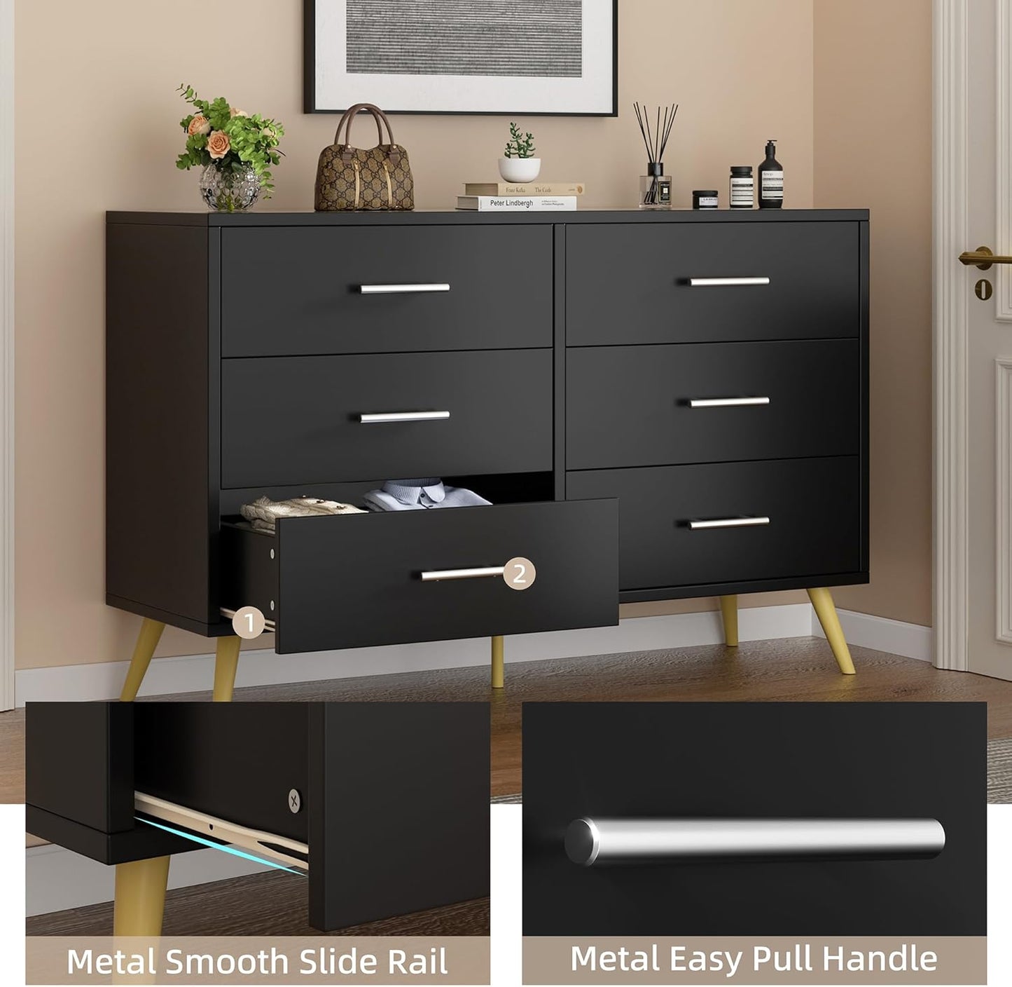 Shintenchi 6 Drawer Dresser, Wide Chest of Drawers Organizer Storage with Drawers, Large Storage Cabinet, Modern Design Dresser for Bedroom, Living Room, Porch, Black