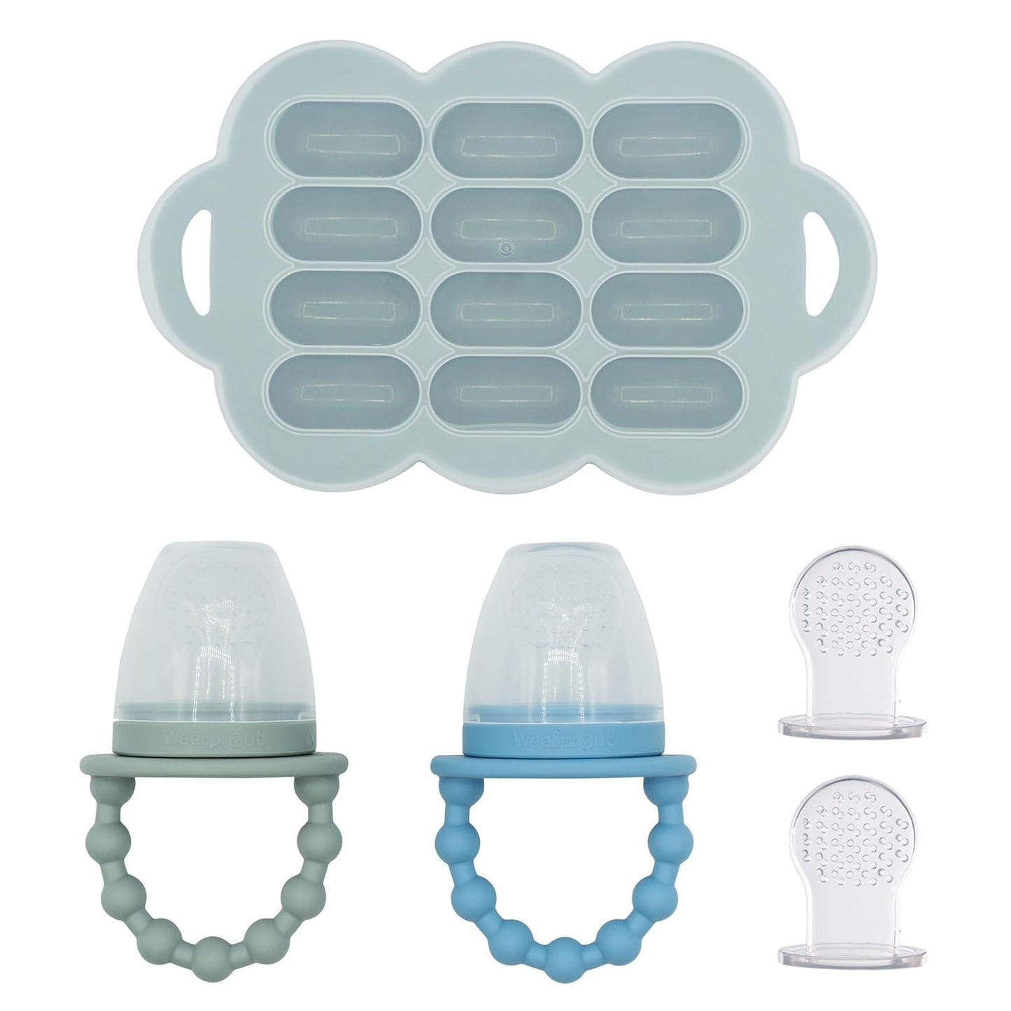 WeeSprout Baby Food Feeder Set - 2 Silicone Feeders & Reusable Freezer Tray with Lid - BPA-Free Fresh Fruit & Veggie Pacifier for Babies & Toddlers - Double as Teething Toys - Dishwasher Safe