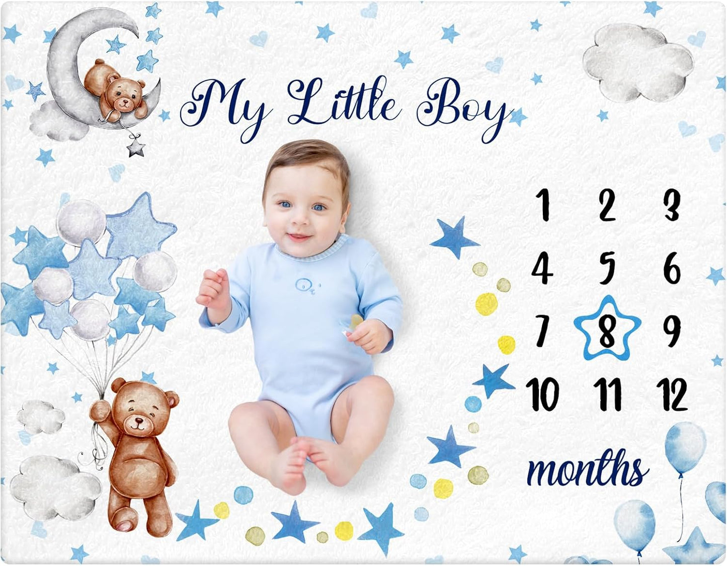Sleeping Bear Monthly Baby Milestone Blanket Bear Star Balloon Flannel Blanket Boy Newborn Infant Swaddle Growth Baby Frame for Boys Girls Nursery (Blue)