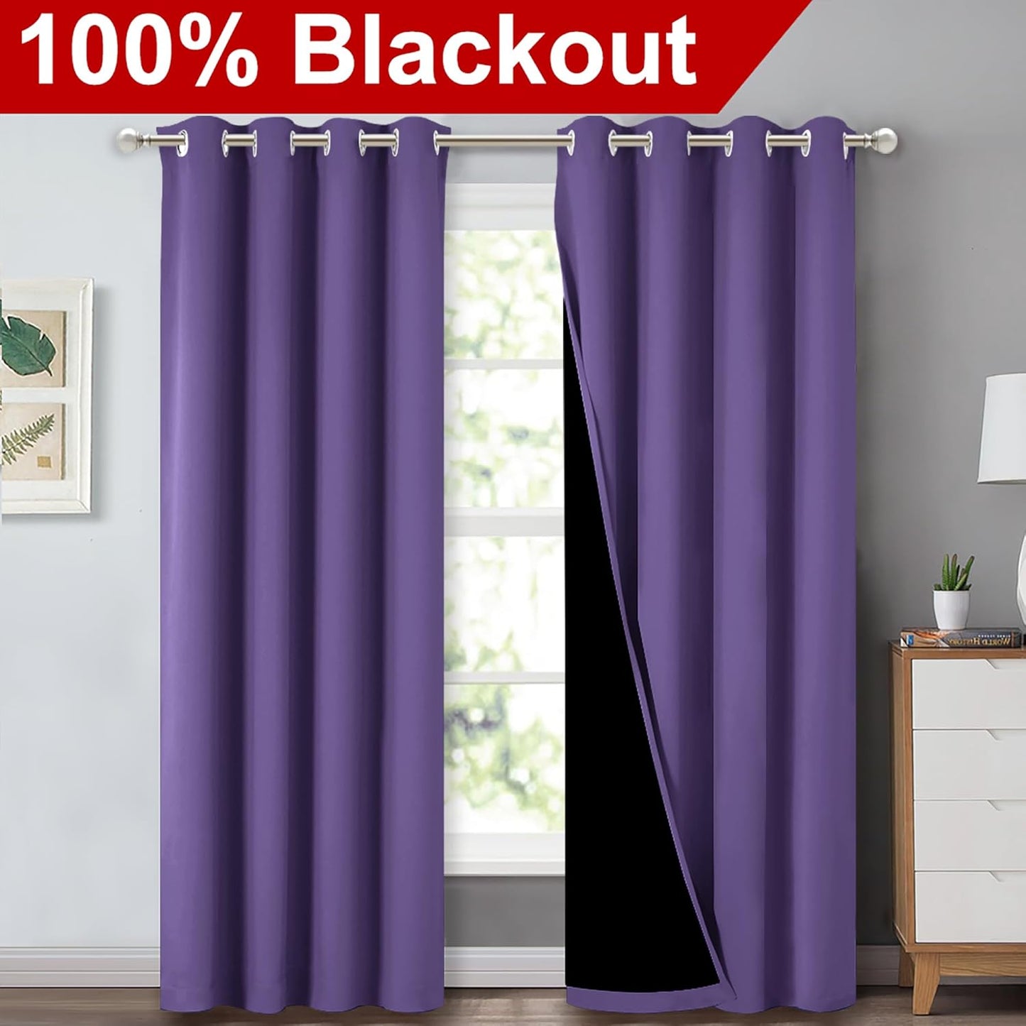 NICETOWN Lilac Purple Full Shade Curtain Panels, Pair of Energy Smart & Noise Blocking Out Blackout Drapes for Dining Room Window, Thermal Insulated Guest Room Lined Window Dressing(52 x 84 inch)