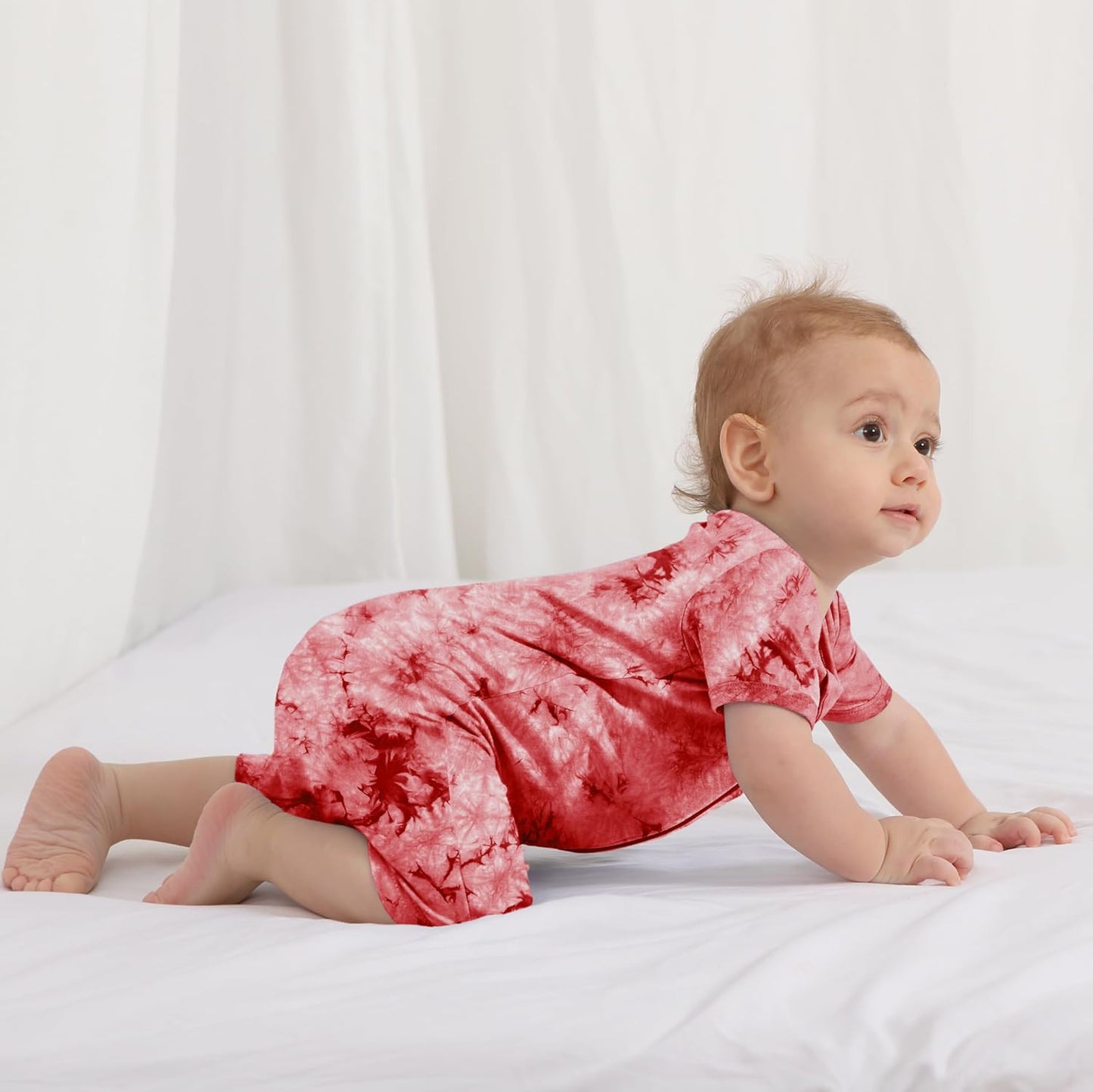 Jimonda Baby Girl Boys Rayon From Bamboo Pajamas 3 Pack Short Sleeve Footless Romper 2 Way Zipper Tie Dye Pjs Sleeper 0-24M