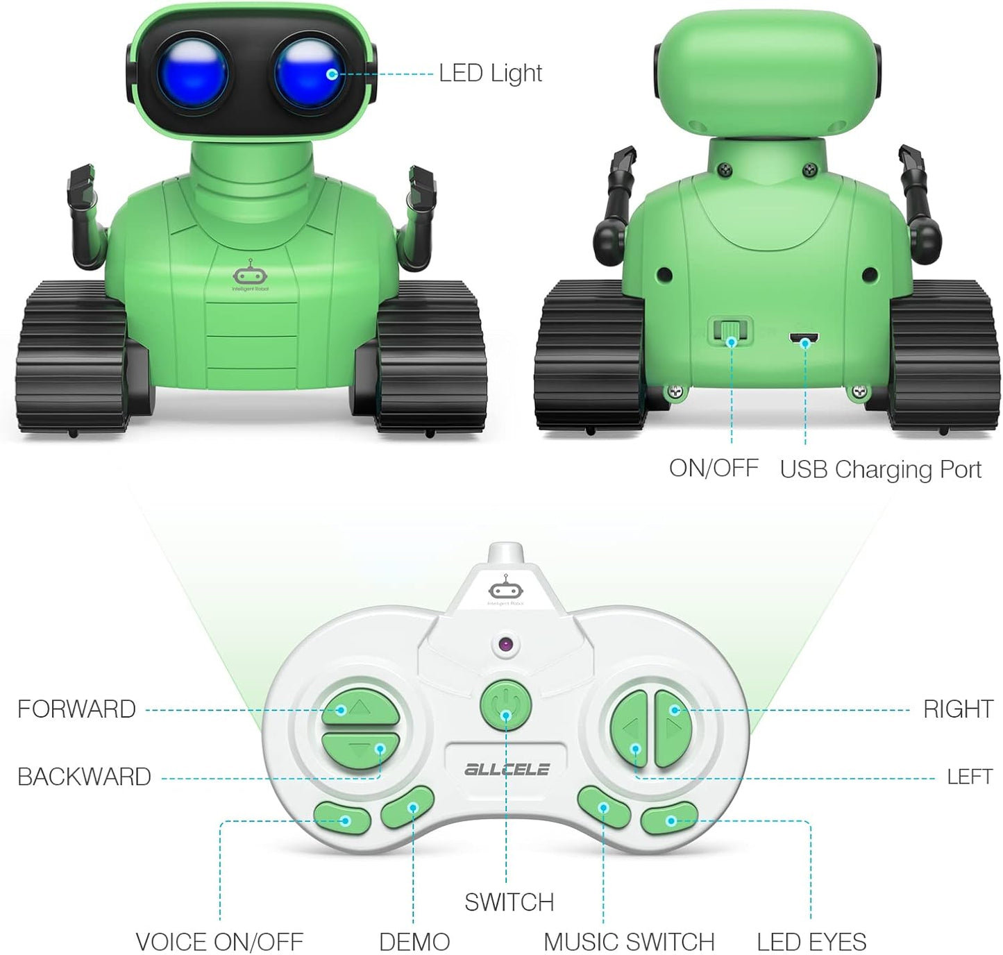 ALLCELE Robot Toys, Rechargeable RC Robot for Boys and Girls, Remote Control Toy with Music and LED Eyes, Gift for Children Age 3 Years and Up - Green