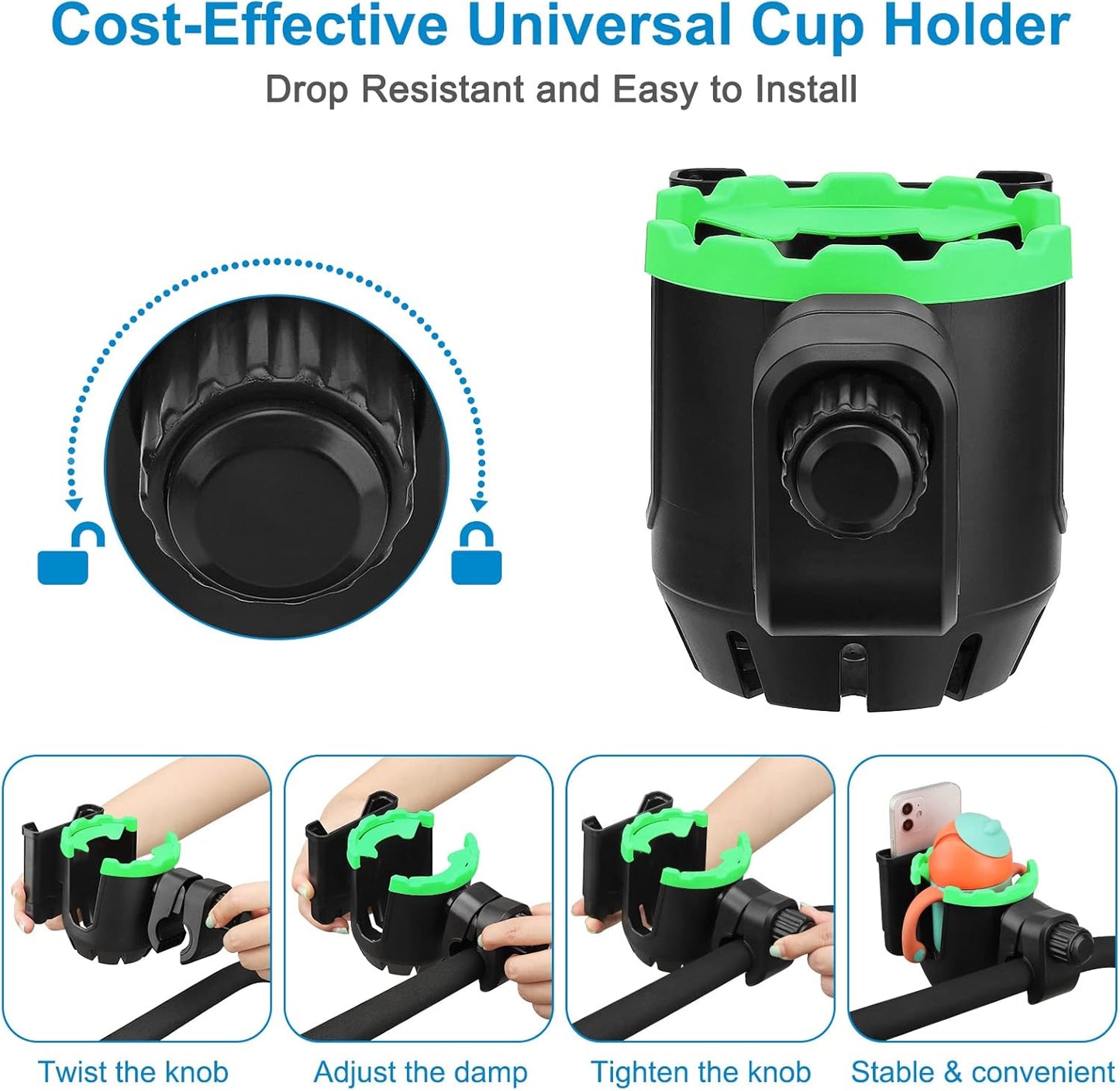 Accmor Stroller Cup Holder with Phone Holder, Universal Cup Holder, Bike Cup Holder, 360° Rotatable Large Caliber Drinks Holder for Stroller, Bike, Wheelchair, Walker