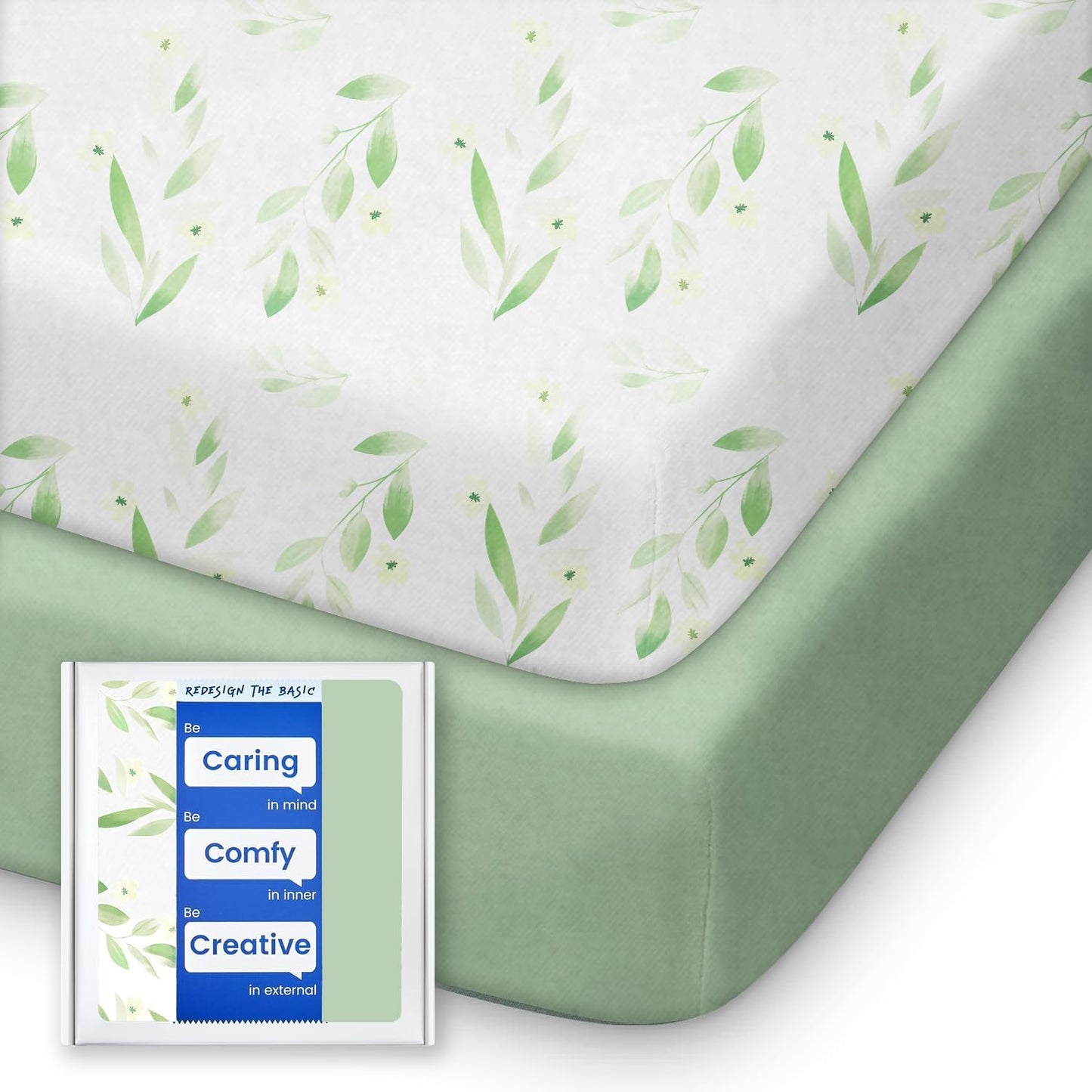 Pack N Play Sheets Fitted for Girls Boys, TotBasic Boho Mini Crib Sheets for Pack and Play/Mini Crib Mattress, Premium Soft Stretchy Jersey for Breathable Comfort - 2 Pack (Sage Green&Botanical Leaf)