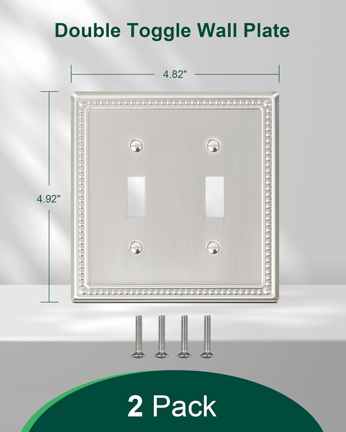 2-Pack Double Toggle Light Switch Cover Plate, Pearls Decorative Dual Switch Plate Covers, Brushed Nickel 2 Gang Metal Wall Plate, Corrosion Resistant