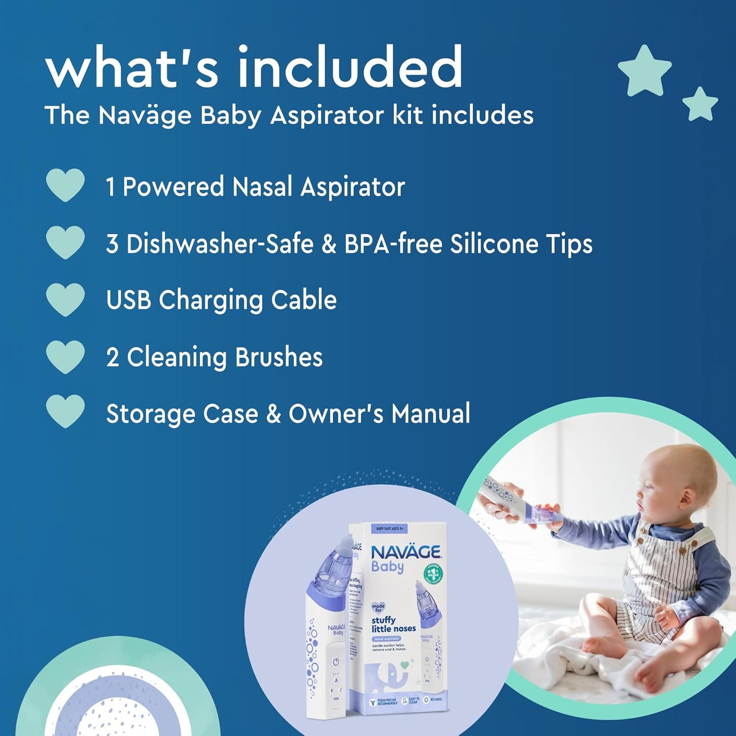 Navage Baby Nasal Aspirator - Gentle, Pediatrician Endorsed Nasal Aspirator for Baby Congestion & Stuffy Noses - Baby Nose Sucker w/ Lights, Lullabies & BPA Free Silicone Tips