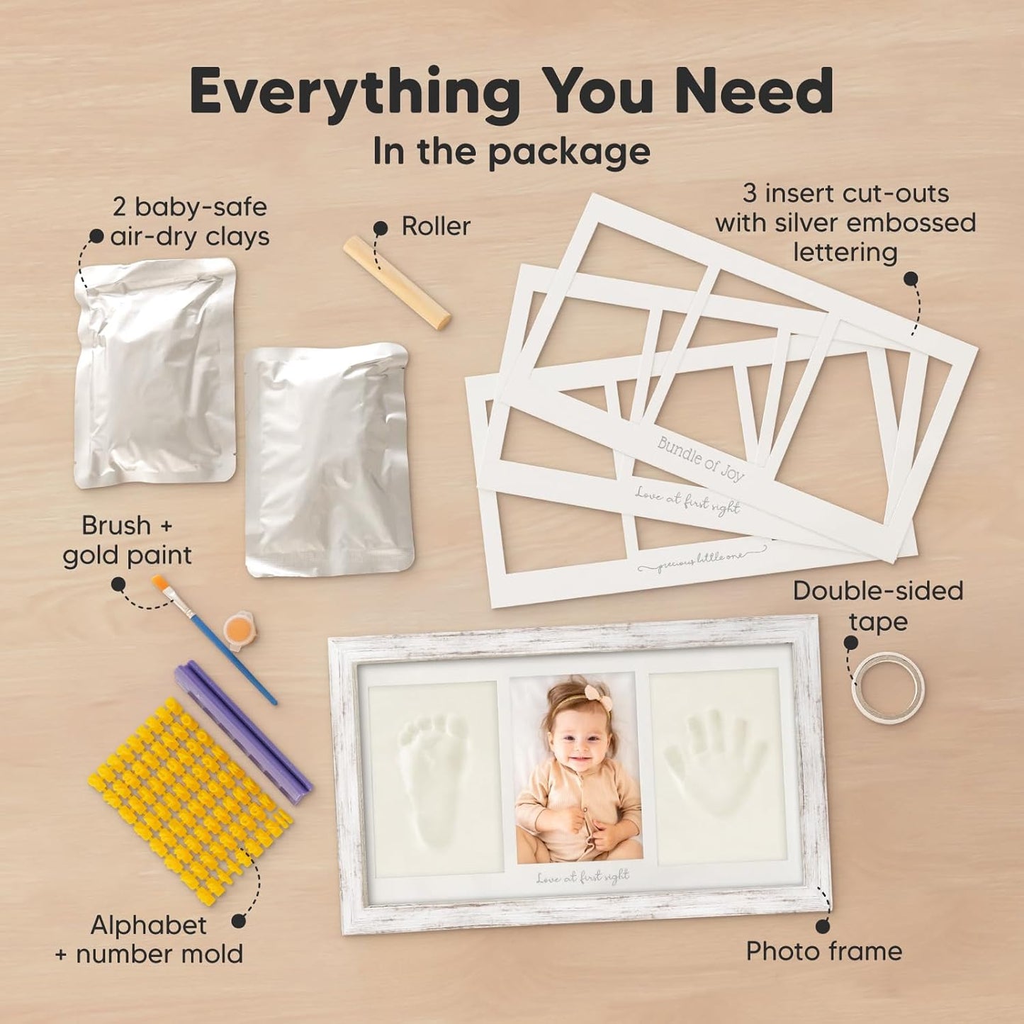 Baby Hand and Footprint Kit - Clay Handprint Keepsake Frame, Newborn Nursery Picture Frame, Personalized New Mom Gifts for Baby Shower & Registry (Vintage White)