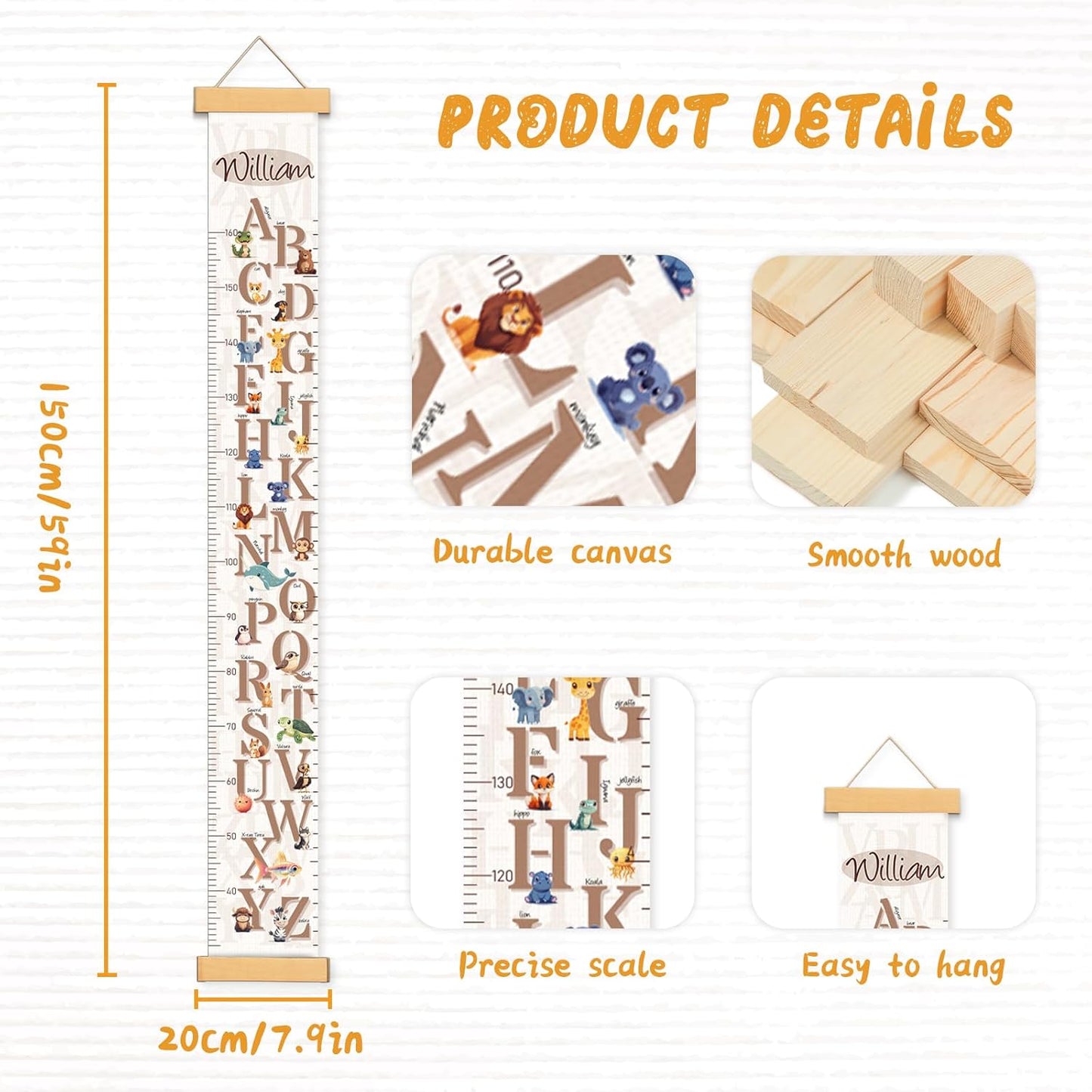 Customize Name Growth Chart Wall, Cute Letters Canvas Height Chart for Kids, Height Indicator Tape Ruler Growth Chart Decor, Toddler Room Decoration, Baby Measuring Board