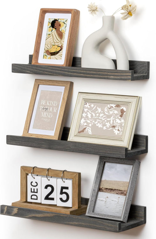 Picture Ledge Wall Shelves 16 inches Width Set of 3, Solid Pine Wood Rustic Floating Ledge Shelves for Wall for Kids' Room Bedroom Kitchen Bathroom Living Room Nursery Display Decor, Grey