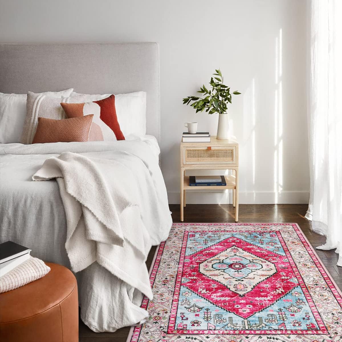 Lahome Boho Round Rug - 6Ft Washable Area Rug, Non-Slip Small Bathroom Rug, Lightweight Bedroom Throw, Oriental Distressed Print Carpet for Entryway, Sofa, Nursery, Kids Room