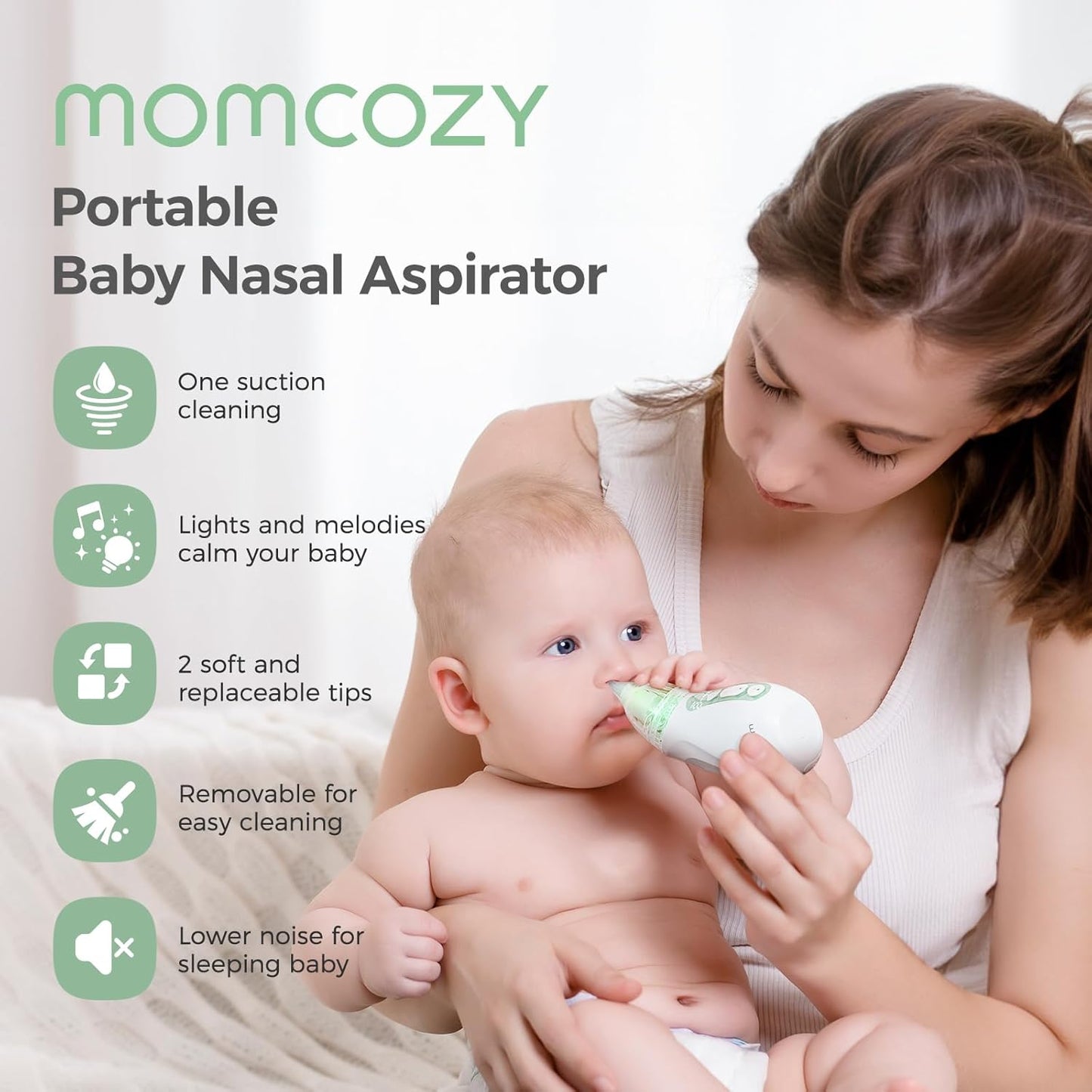 Momcozy Baby Nasal Aspirator, 3 Suction Levels Electric Nasal Aspirator for Baby, Newborn and Toddler, Portable Baby Nose Aspirator with Light Soothing and Music