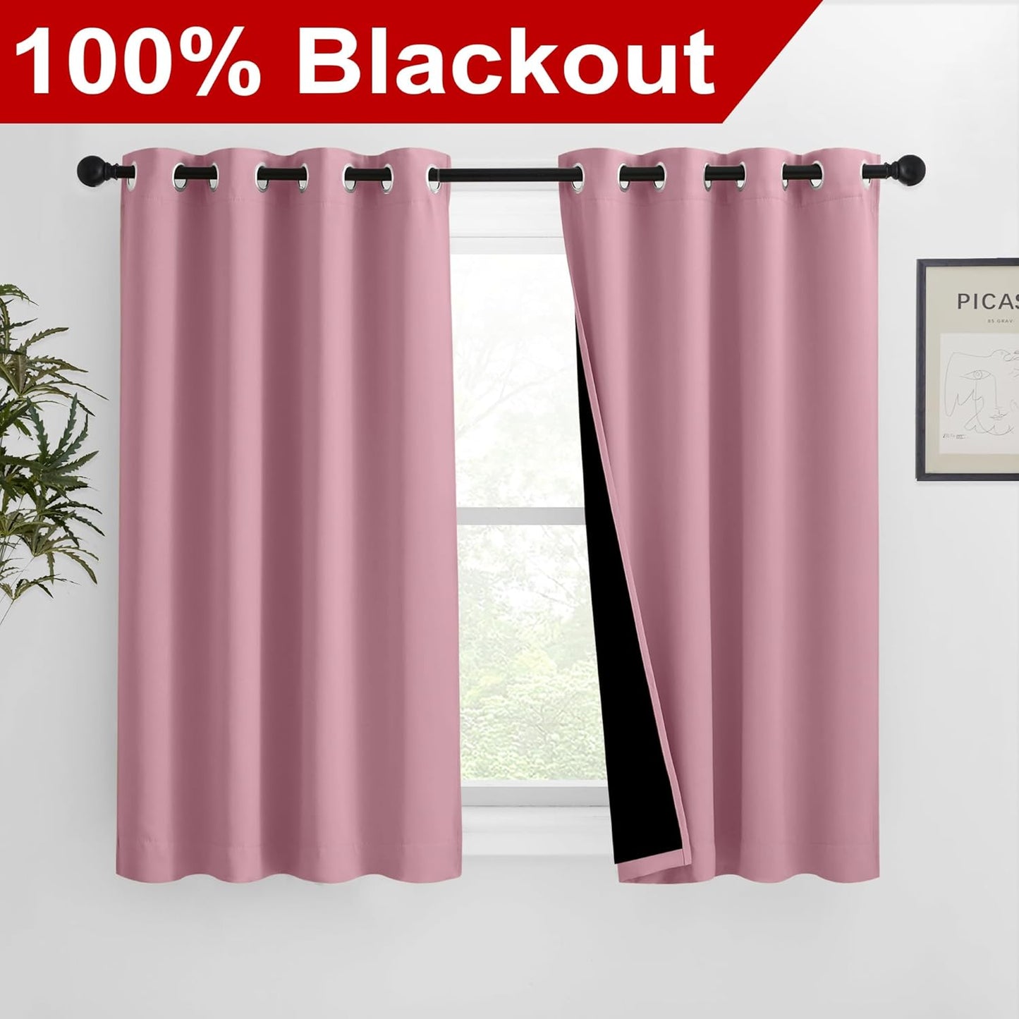 NICETOWN 100% Blackout Curtains with Black Liners, Solid Thermal Insulated Full Blackout 2-Layer Lined Drapes, Energy Efficiency Window Draperies for Bedroom (2 Panels, 46" W by 54" L, Crystal Pink)