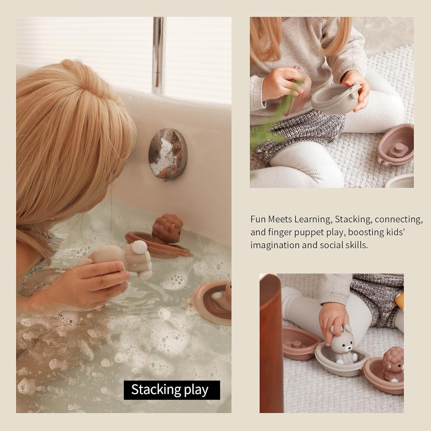 Nueplay Bathtub Toys for Toddlers 18M+，Baby Bath Toys with Animal Finger Puppets，Stackable Boat Train，Gift for Baby & Toddlers Set of 6