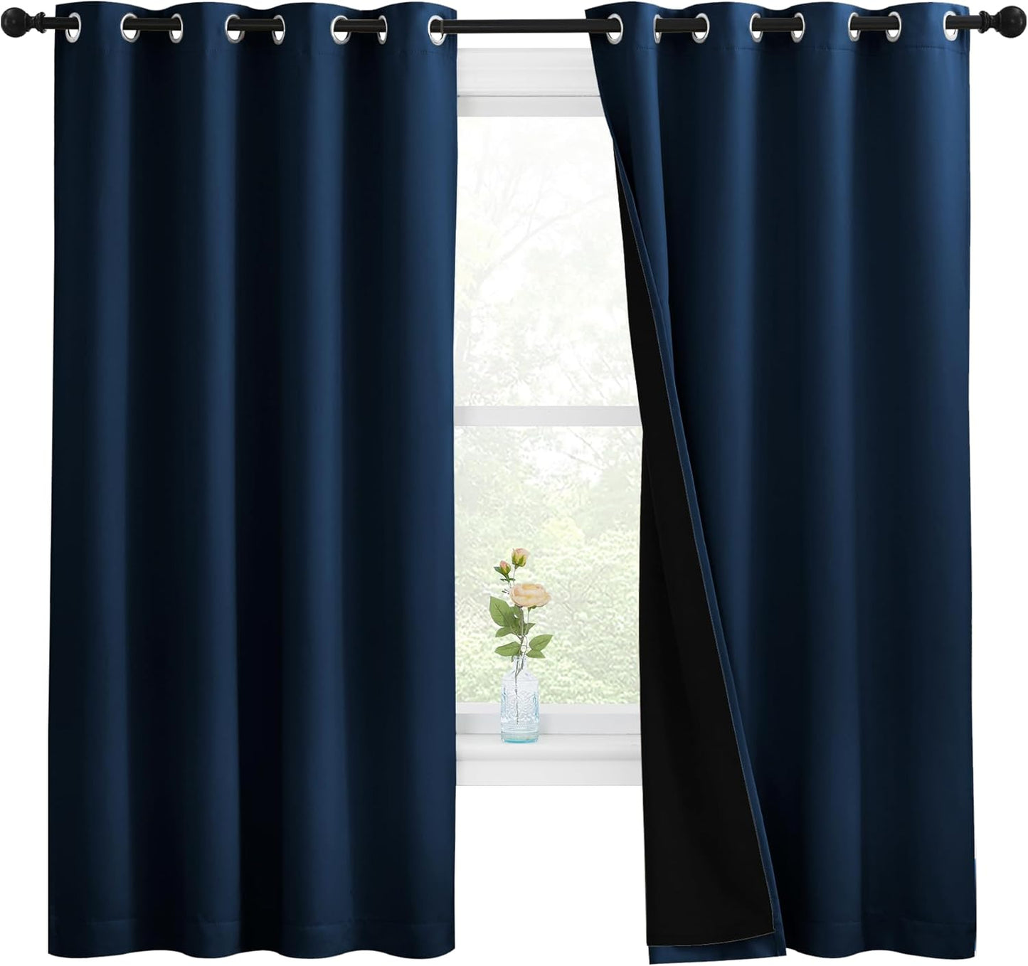 NICETOWN 100% Blackout Curtains with Black Liners, Thermal Insulated Full Blackout 2-Layer Lined Drapes, Energy Efficiency Window Draperies for Bedroom (Moroccan Blue, 2 Panels, 55" W by 68" L)