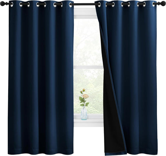 NICETOWN 100% Blackout Curtains with Black Liners, Thermal Insulated Full Blackout 2-Layer Lined Drapes, Energy Efficiency Window Draperies for Bedroom (Moroccan Blue, 2 Panels, 55" W by 68" L)