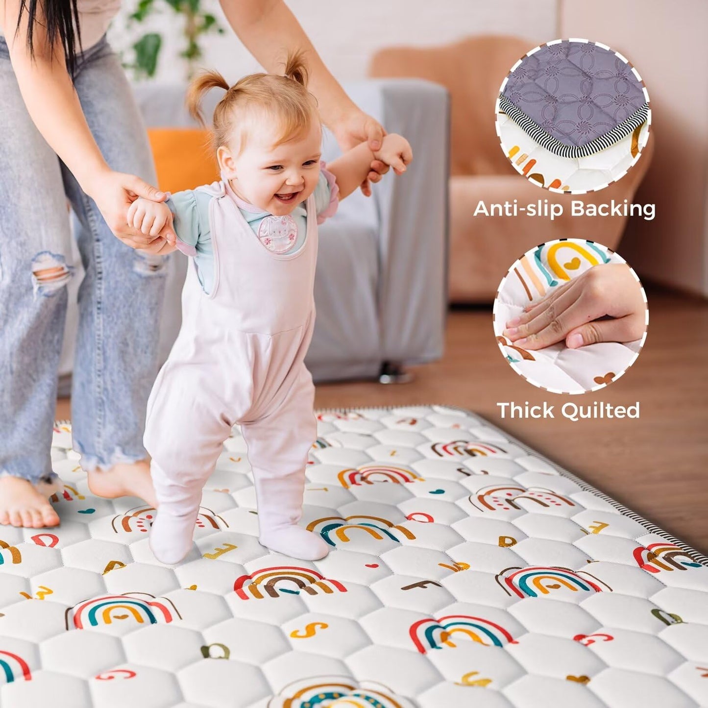 Boho Rainbow Baby Play Mat 50x50 Playpen Mat Thicken Soft Baby Crawling Mat Non-Slip Cushioned Baby Floor Mat with Letters, Activity Playmats for Babies Toddlers Play & Tummy Time (50X50,White)