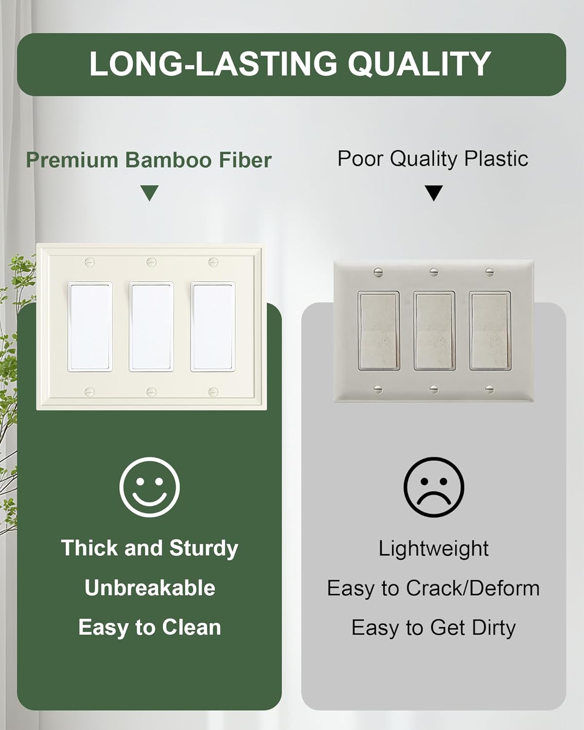 2-Pack Triple Decorator Outlet Cover Plate, Light Almond Modern Decorative Switch Plates and Outlet Covers, Natural Bamboo Fiber Wall Plates for Electrical Outlets