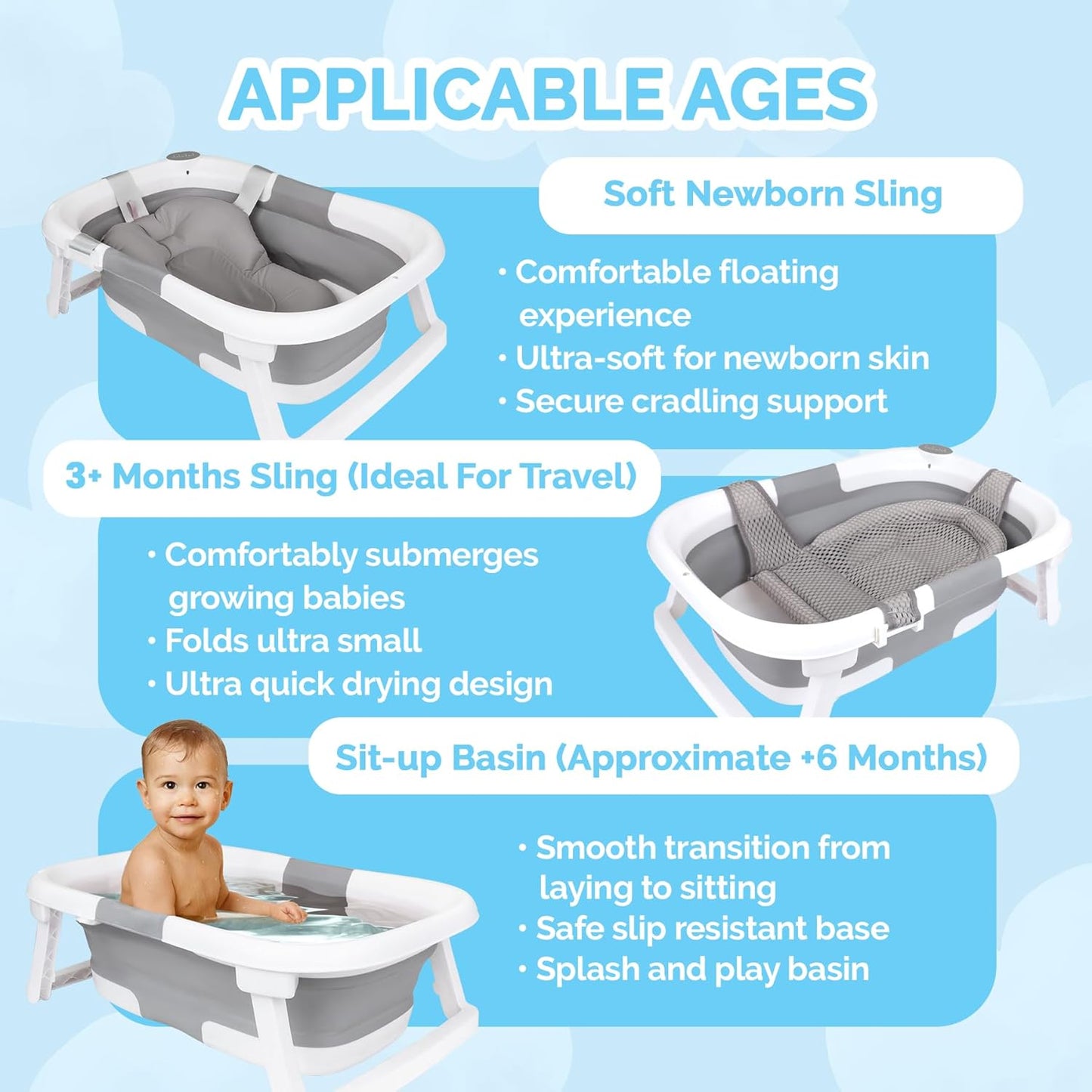 BEBELEH™ Collapsible Baby Bathtub – Bathtub + Baby tub Sling + Newborn Sling – Baby Bathtub Newborn to Toddler 0-24 Months – The Ultimate Travel Baby Bath Tub and Everyday Use! (Gray)
