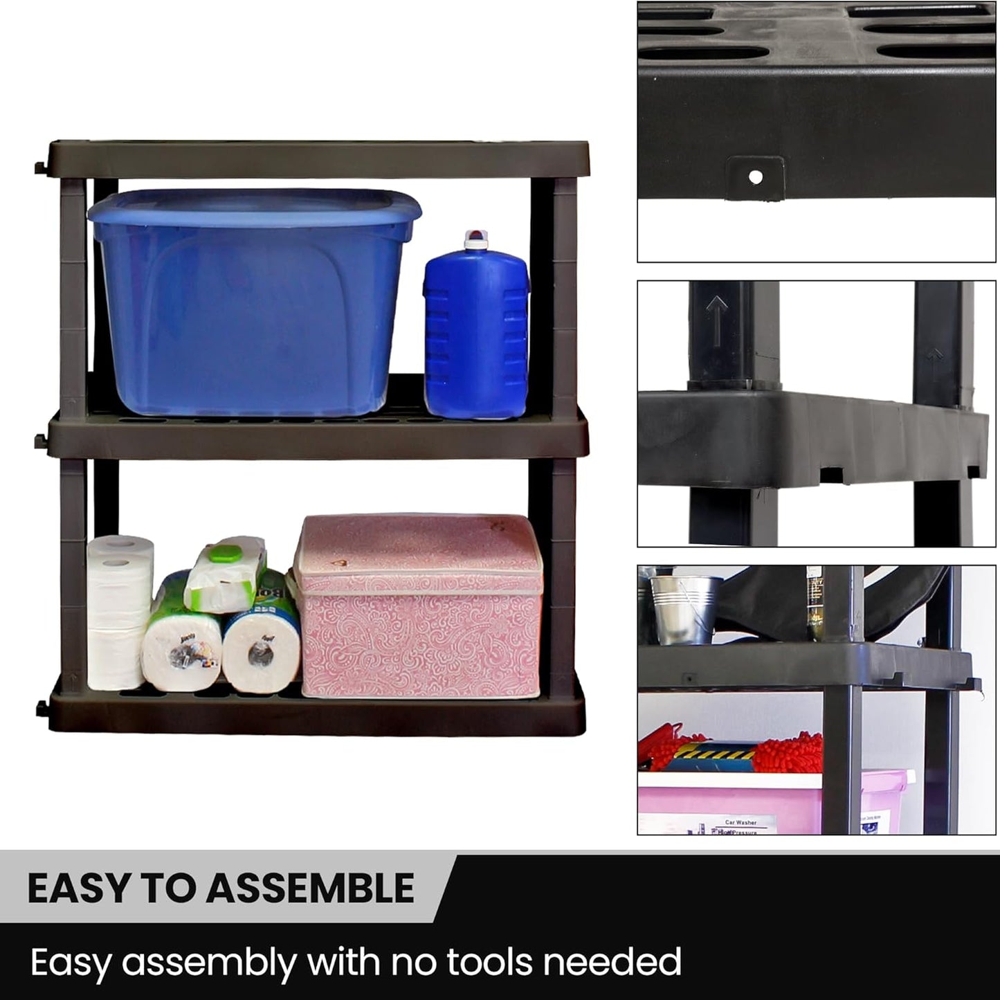 Oskar Storage Shelves - Bathroom Wall Organizer, Kids Room Toys Book Shelf, No Drill Heavy Duty, Kitchen Closet Garage Outdoor 3 Tier Stackable Plastic Shelving Unit