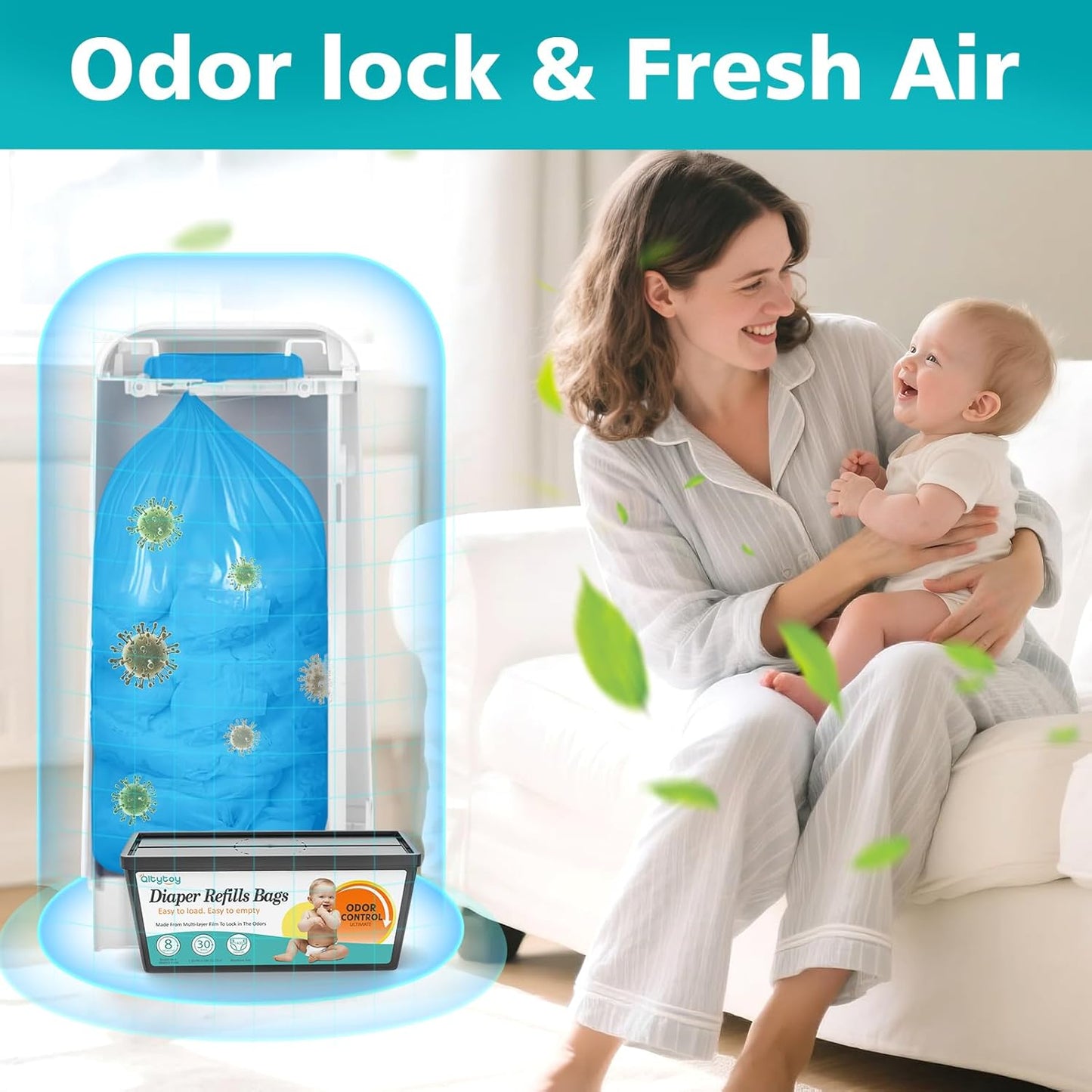 Refills Compatible with Diaper Genie Easy Roll Signature & Platinum Diaper Pail,2-Pack (60 Bags) for 2800 Newborn Diapers,7-Layer Powerful Odor Control.Extra Thickness,Durable & No Tear