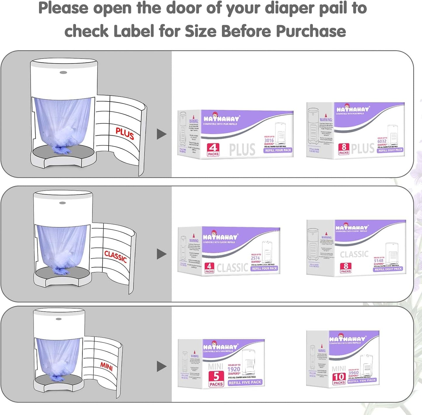 Diaper Pail Refill Bags Compatible With Dekor Plus Diaper Pail, Extra 30% Length, Lavender Scent, 8 Pack