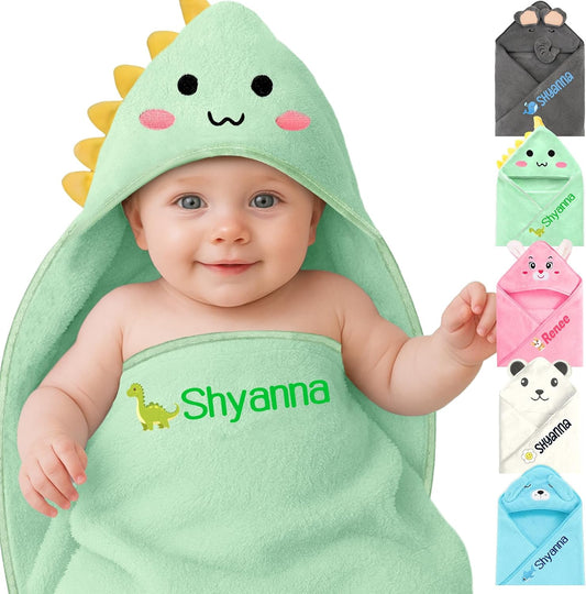 Personalized Baby Towels Hooded with Name, Custom Toddler Bath Towel with Hood for Girl Boy, Warm Swaddle Blanket, Customized Newborn Gifts - Printed (Green Dinosaur)