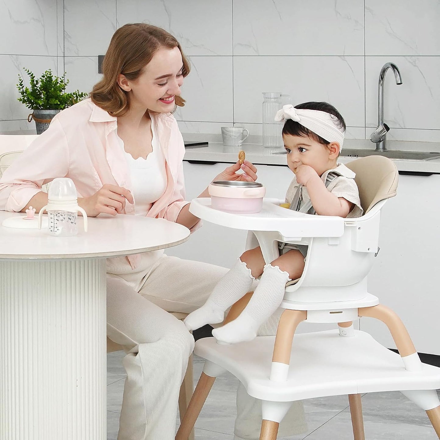 Baby High Chair, 7 in 1 Convertible High Chairs for Babies and Toddlers, Kids Learning Table, Building Block Table, Toddler Dining Chair with 360° Rotating Seat, 5-Point Safety Harness (Khaki)