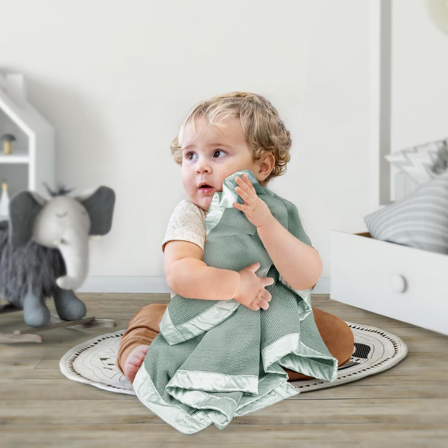 lulumoon Swaddle Baby Blanket: Waffle Blanket with Satin Trim - Breathable Toddler Blankets Perfect for Nursing Cover and Playtime - Cotton Crib Quilt for Daytime Naps 40"x36"(Sage)